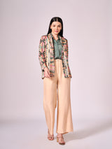 Multi coloured geometric print jacket, chalk green shirt and beige pant set