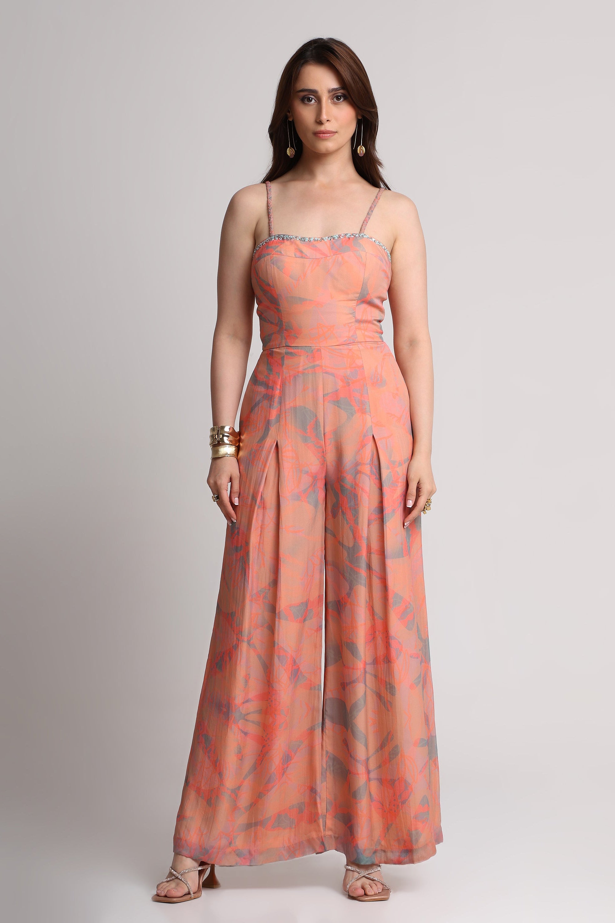 Peach abstract floral print jumpsuit