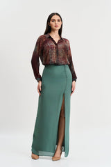 Maroon print shirt, chalk green skirt set