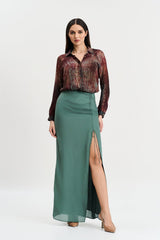 Maroon print shirt, chalk green skirt set