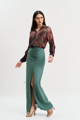 Maroon print shirt, chalk green skirt set