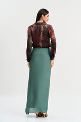 Maroon print shirt, chalk green skirt set