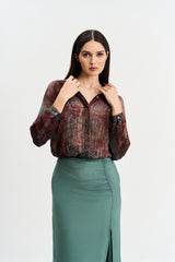 Maroon print shirt, chalk green skirt set