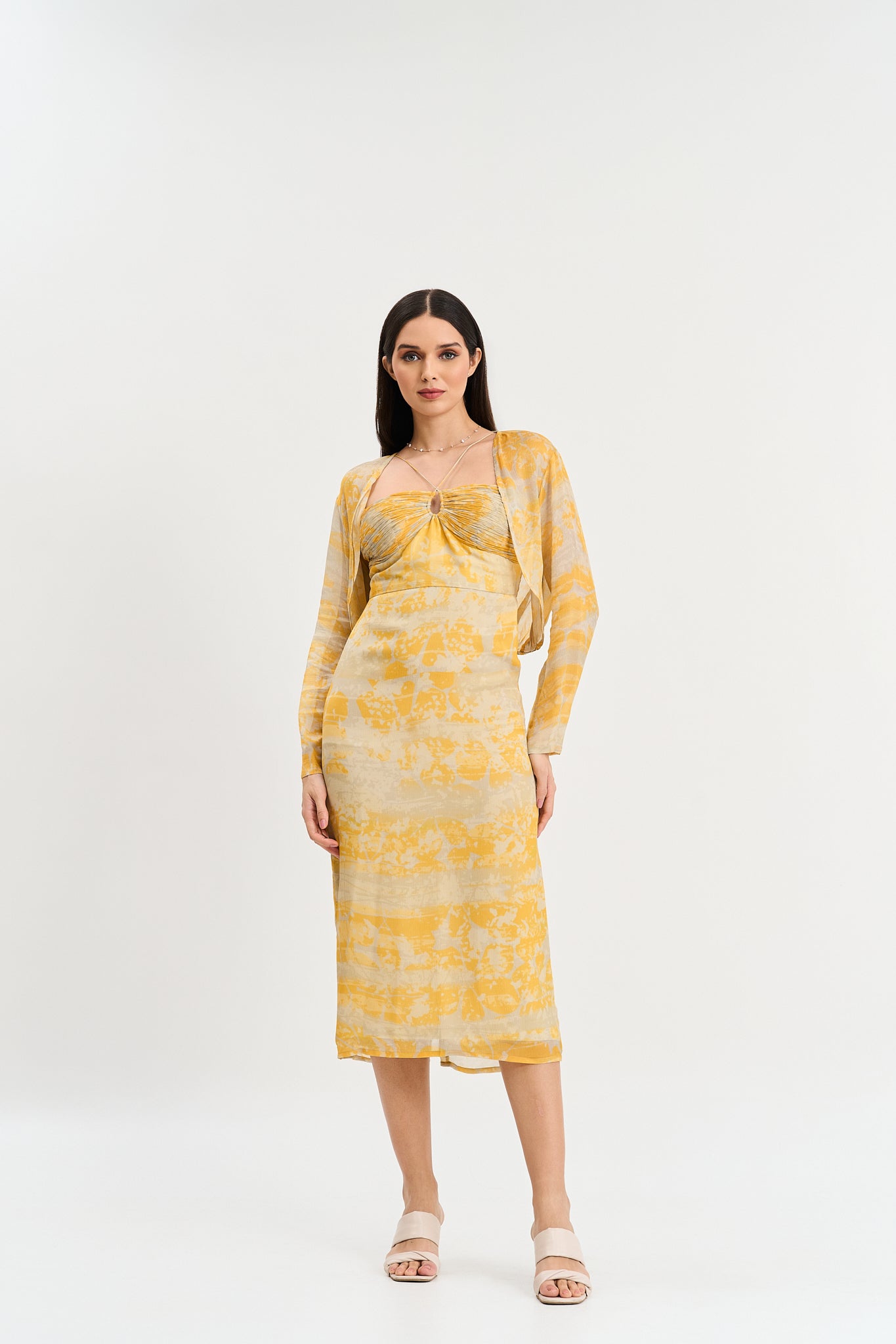 Yellow abstract print midi dress with shrug