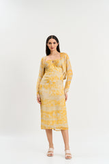 Yellow abstract print midi dress with shrug