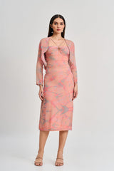 Peach abstract floral print midi dress with shrug