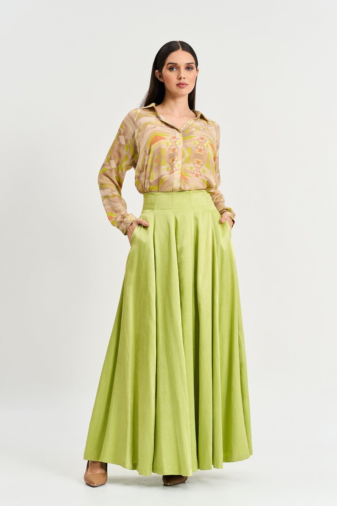 Lime green geometric print shirt and skirt set