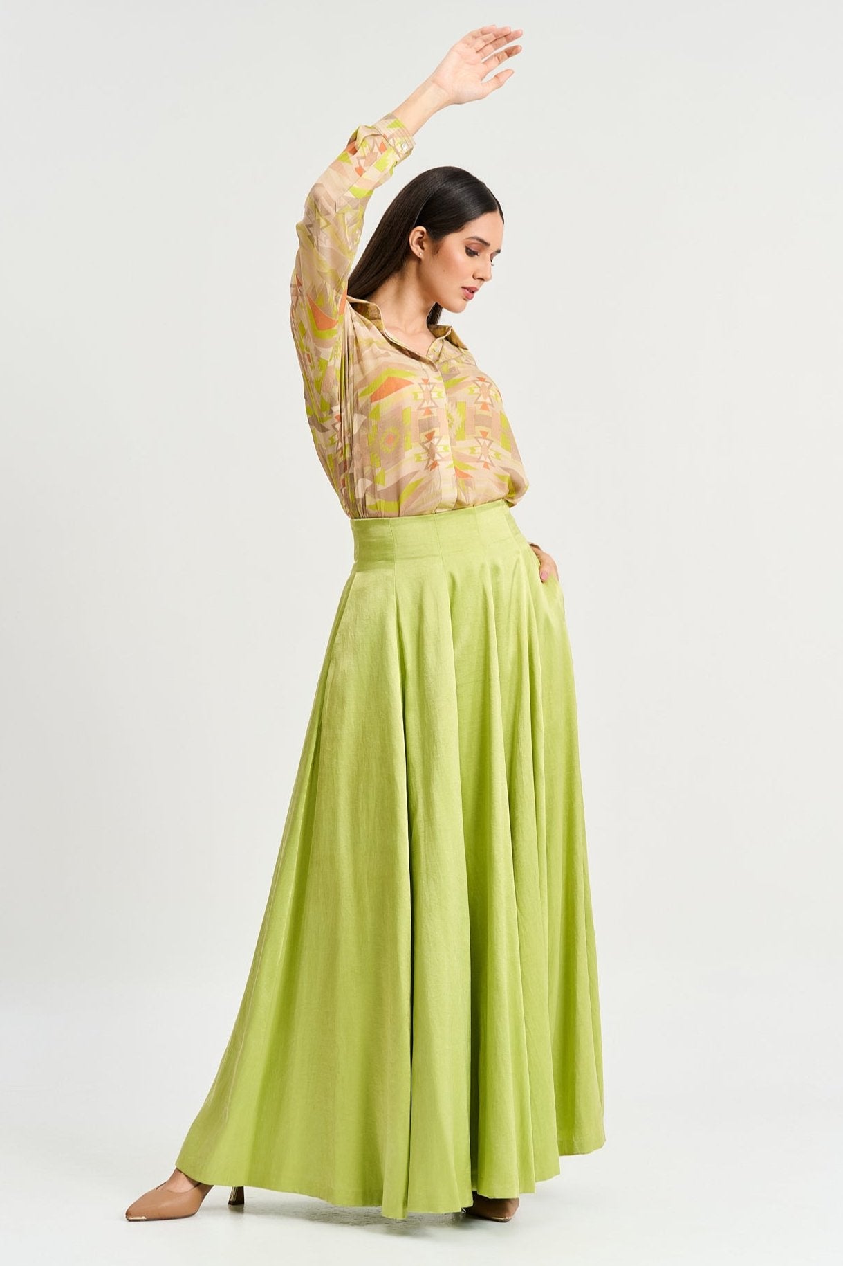 Lime green geometric print shirt and skirt set