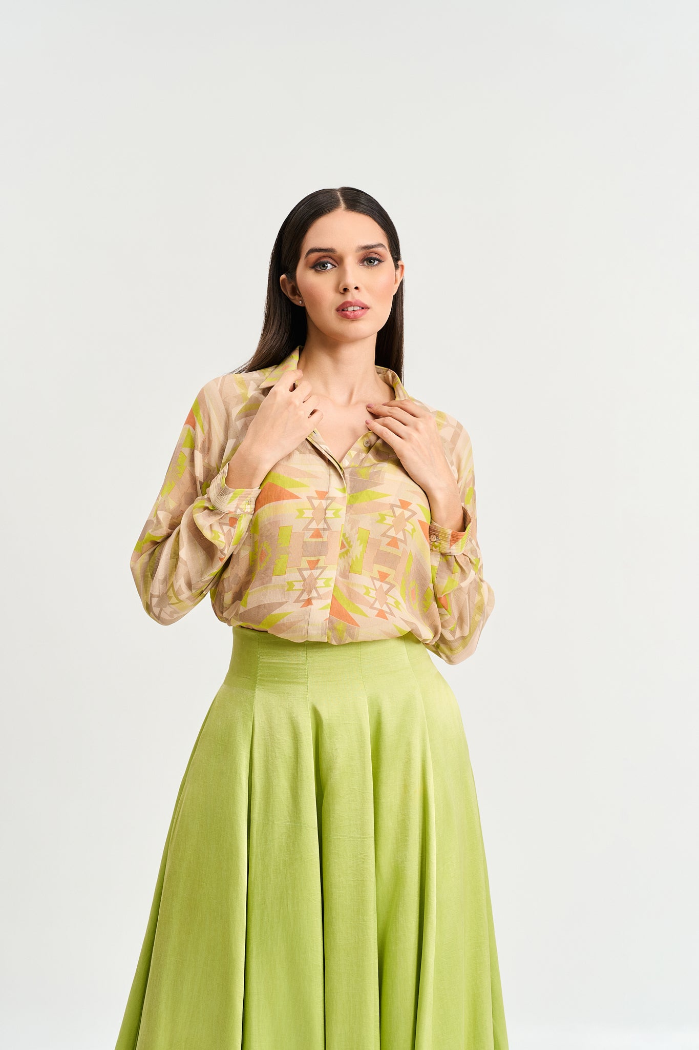 Lime green geometric print shirt and skirt set