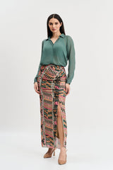 Chalk green shirt and multi coloured geometric print skirt set