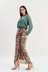 Chalk green shirt and multi coloured geometric print skirt set