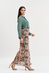 Chalk green shirt and multi coloured geometric print skirt set