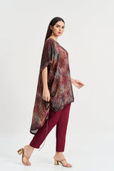 Maroon abstract floral print kaftan kurta set