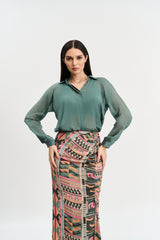 Chalk green shirt and multi coloured geometric print skirt set