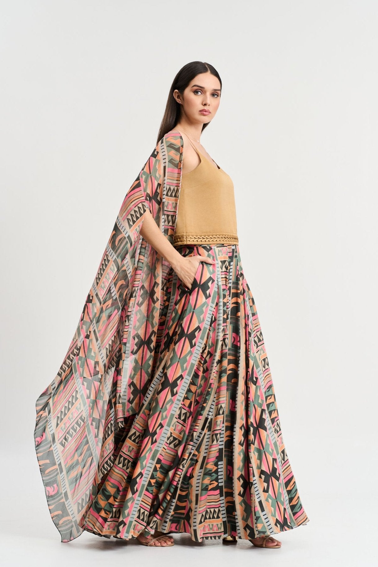 Multi coloured geometricprint cape