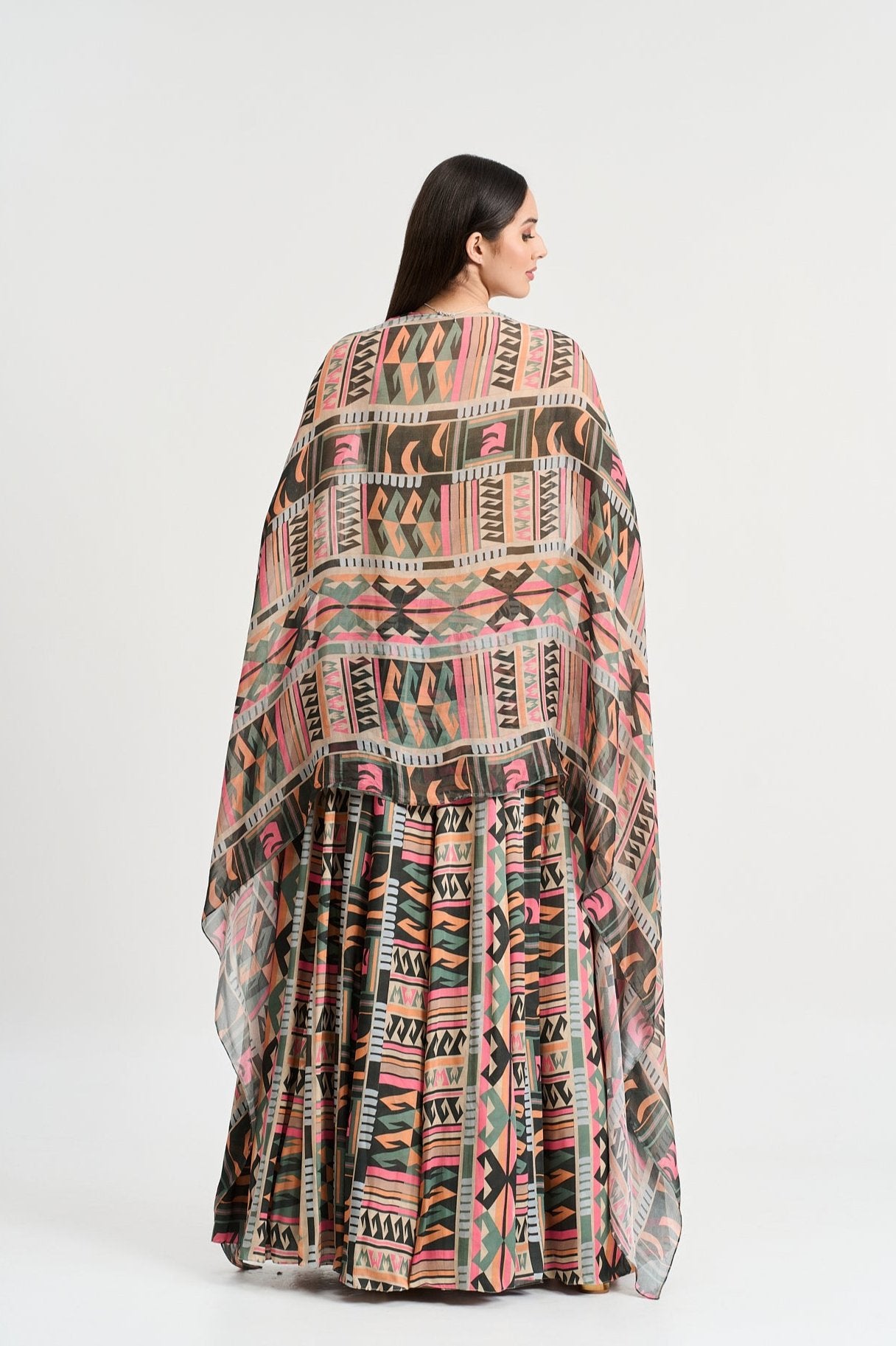 Multi coloured geometricprint cape