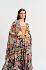 Multi coloured geometricprint cape