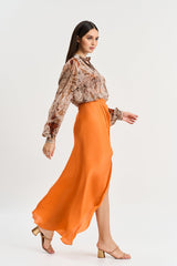 Browns abstract floral print shirt and burnt orange skirt set