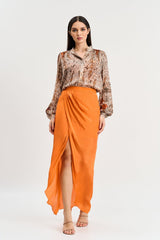 Browns abstract floral print shirt and burnt orange skirt set