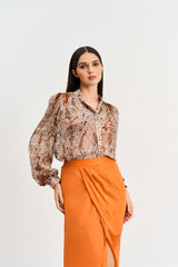 Browns abstract floral print shirt and burnt orange skirt set