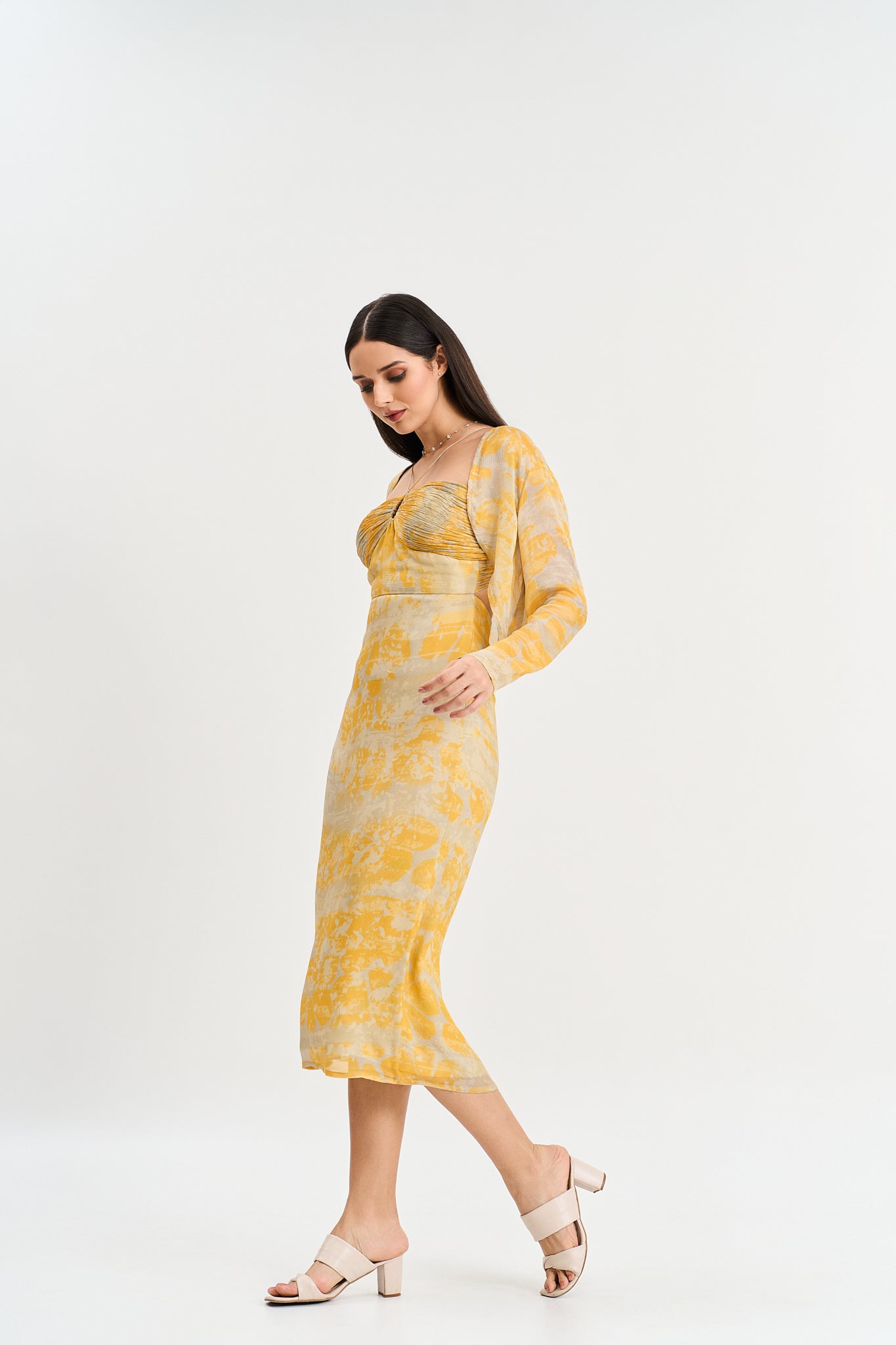 Yellow abstract print midi dress with shrug