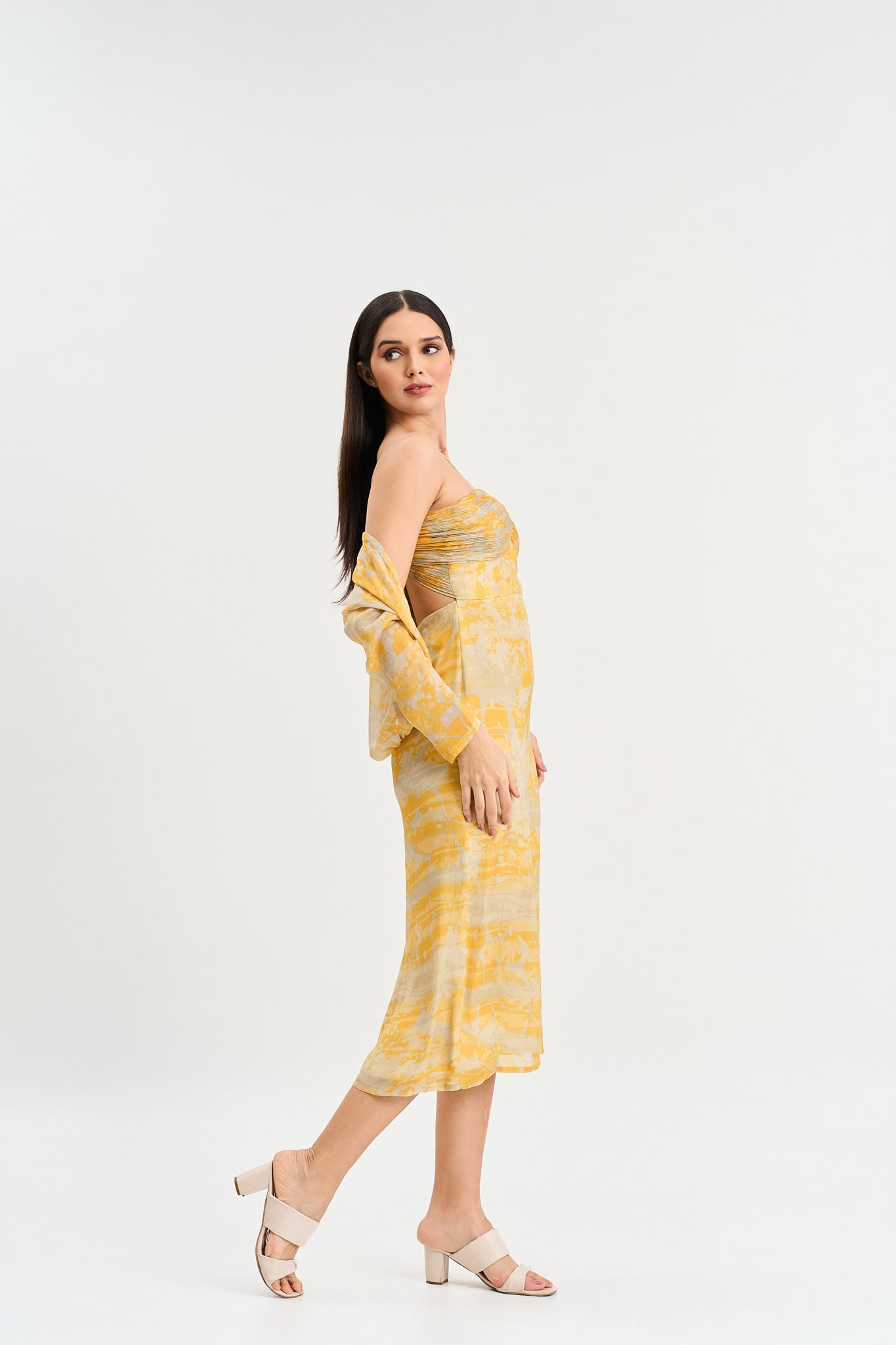 Yellow abstract print midi dress with shrug