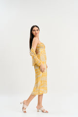 Yellow abstract print midi dress with shrug