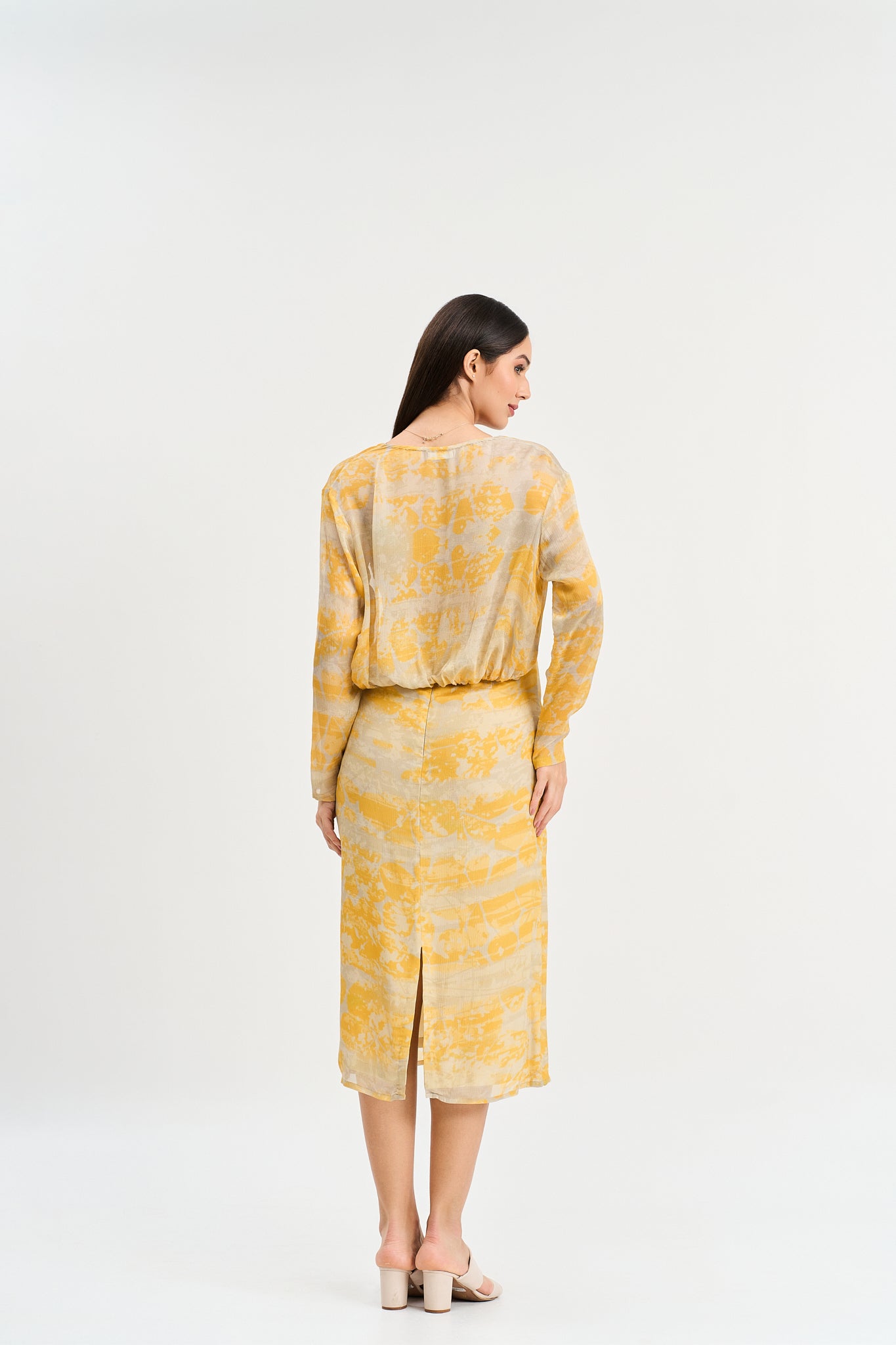 Yellow abstract print midi dress with shrug