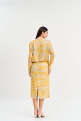 Yellow abstract print midi dress with shrug