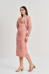 Peach abstract floral print midi dress with shrug