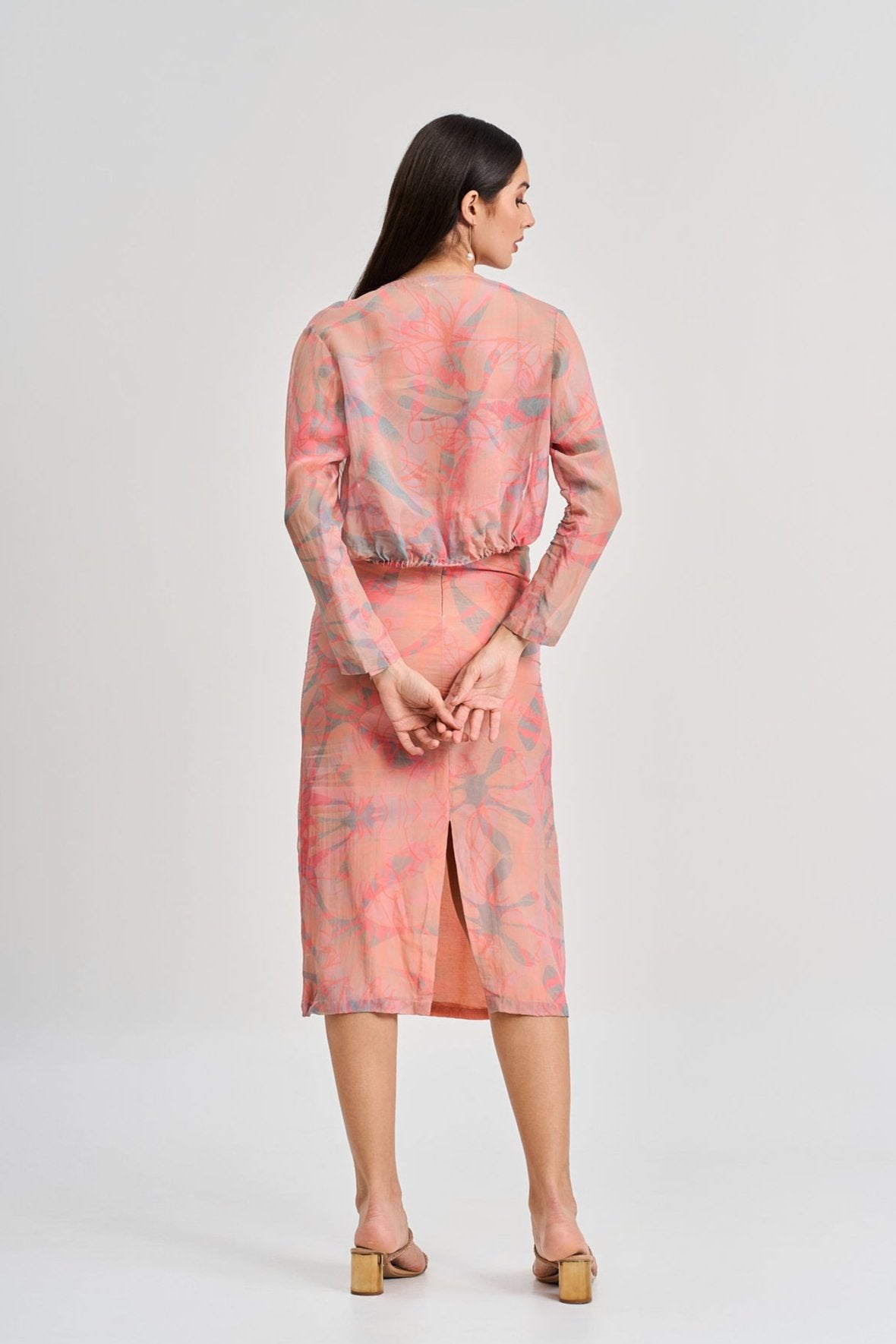 Peach abstract floral print midi dress with shrug