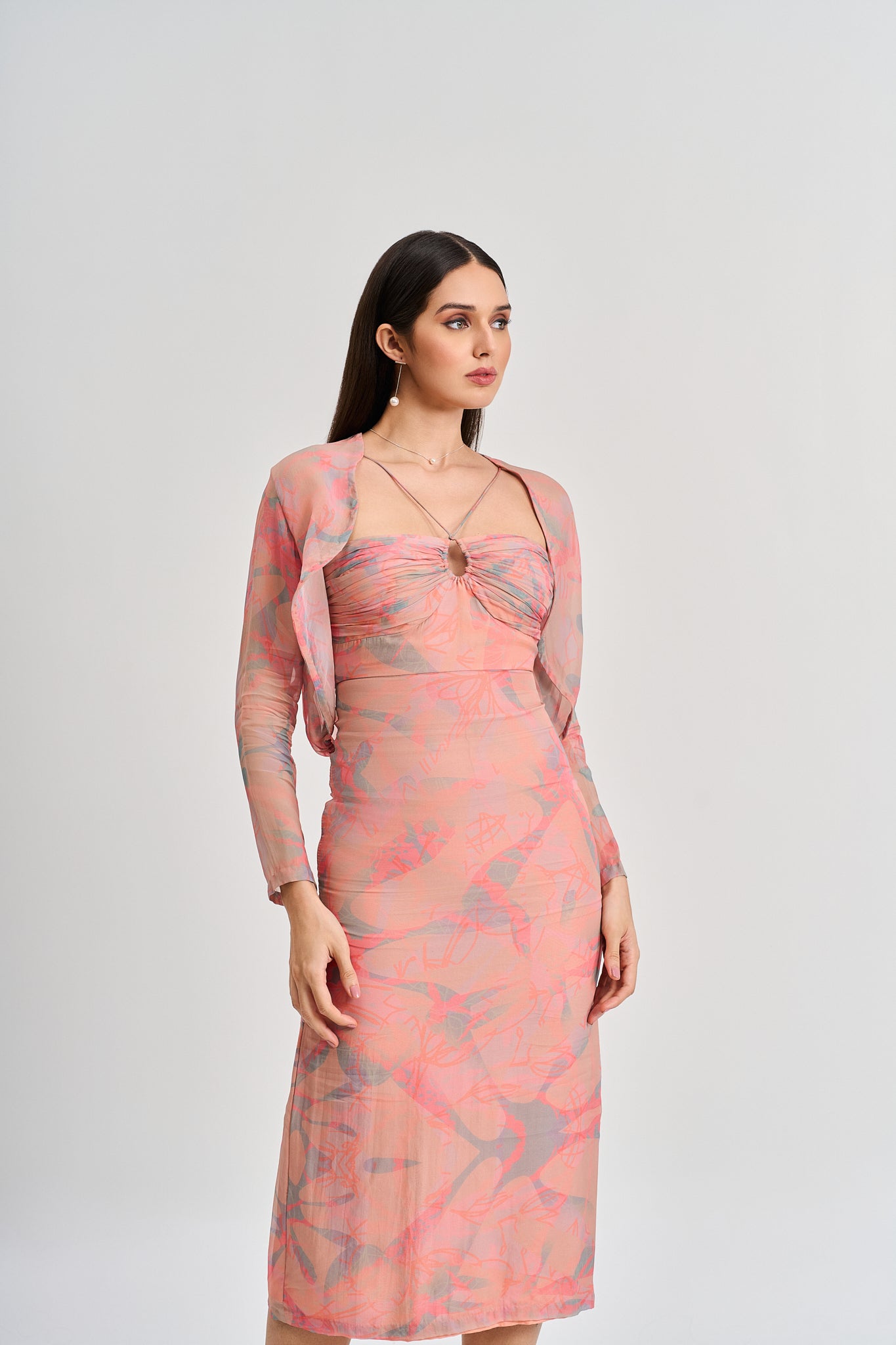 Peach abstract floral print midi dress with shrug