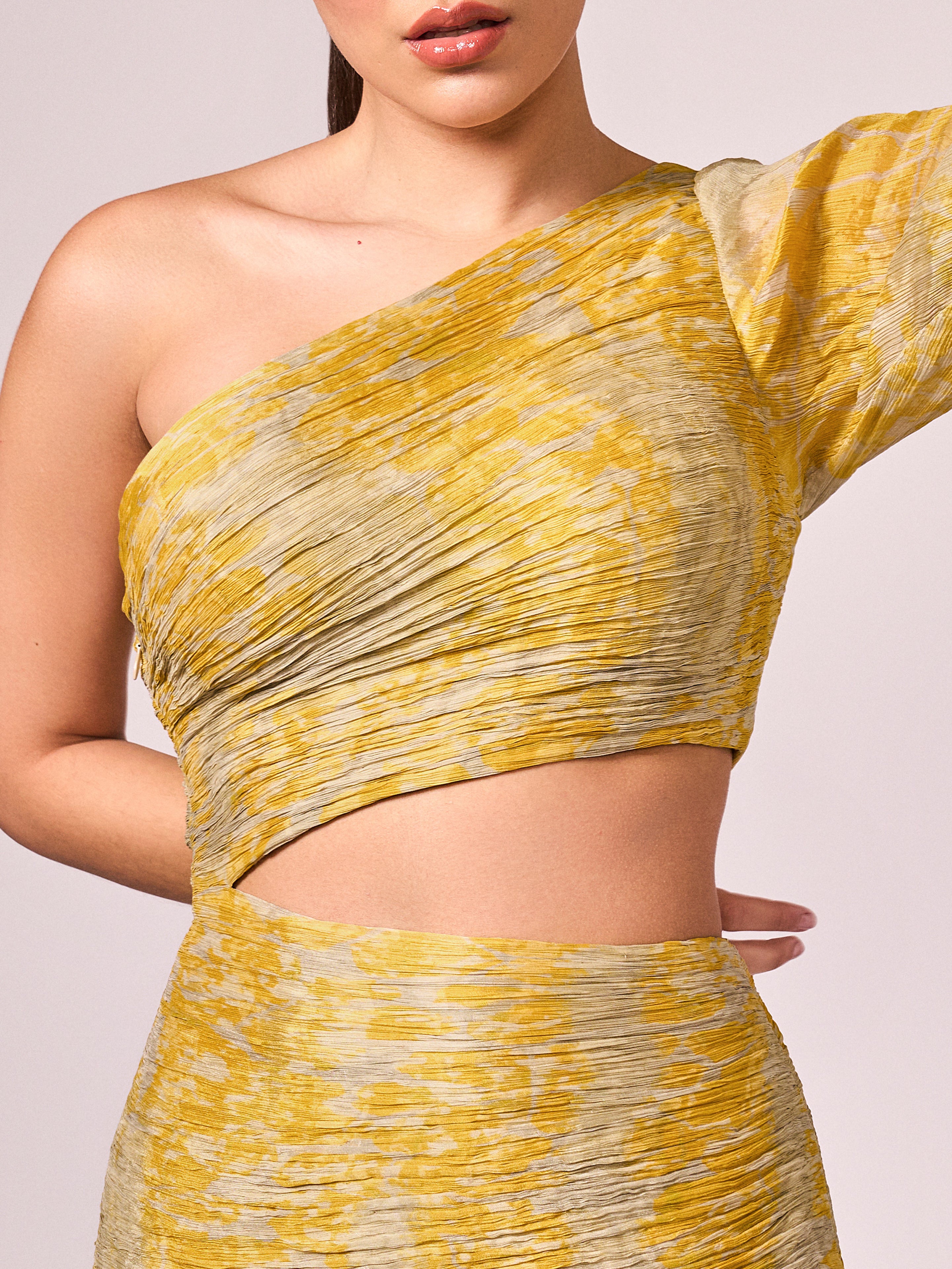 Yellow abstract print long slit dress