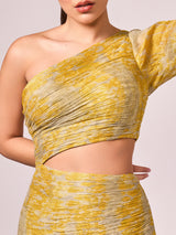 Yellow abstract print long slit dress