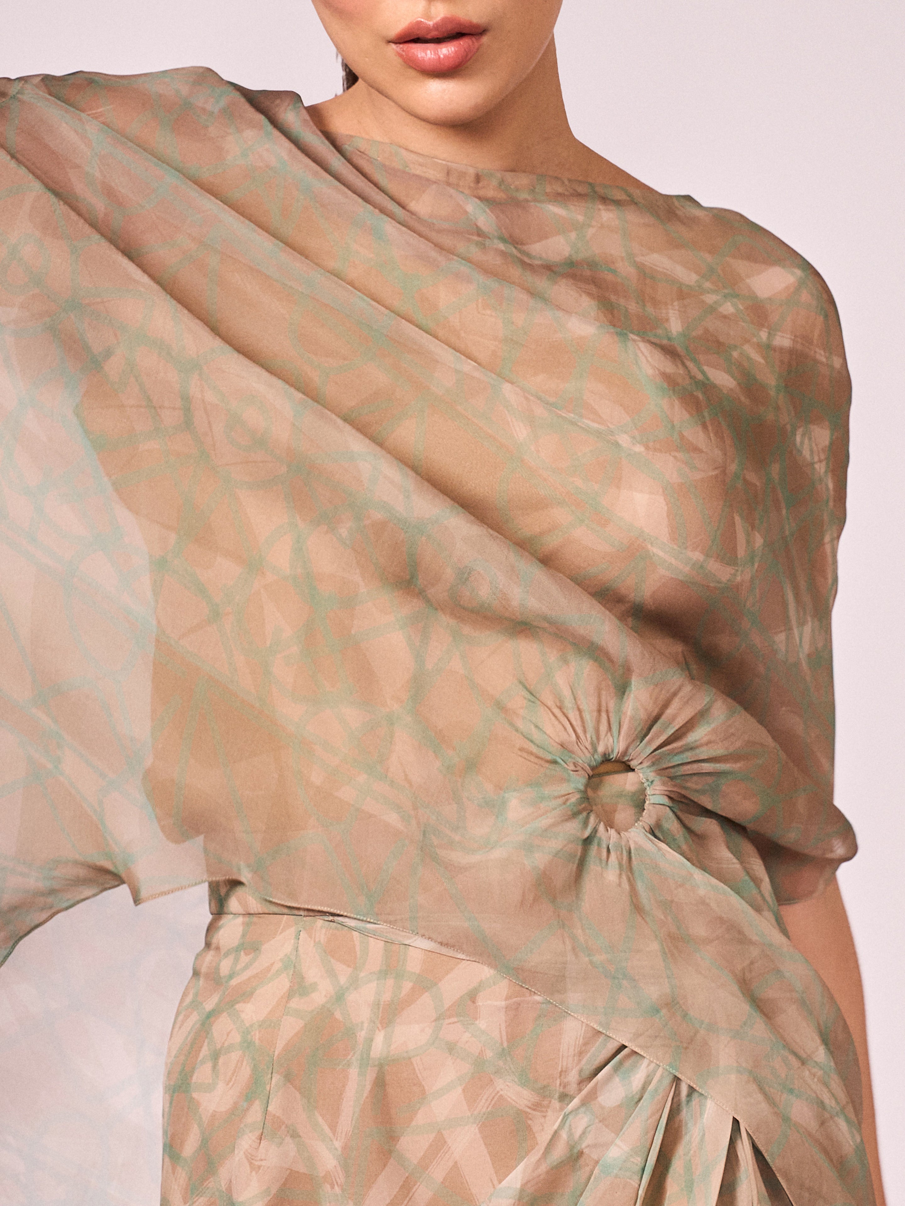 Pearl mouse grey abstract print kaftan top and drape skirt set