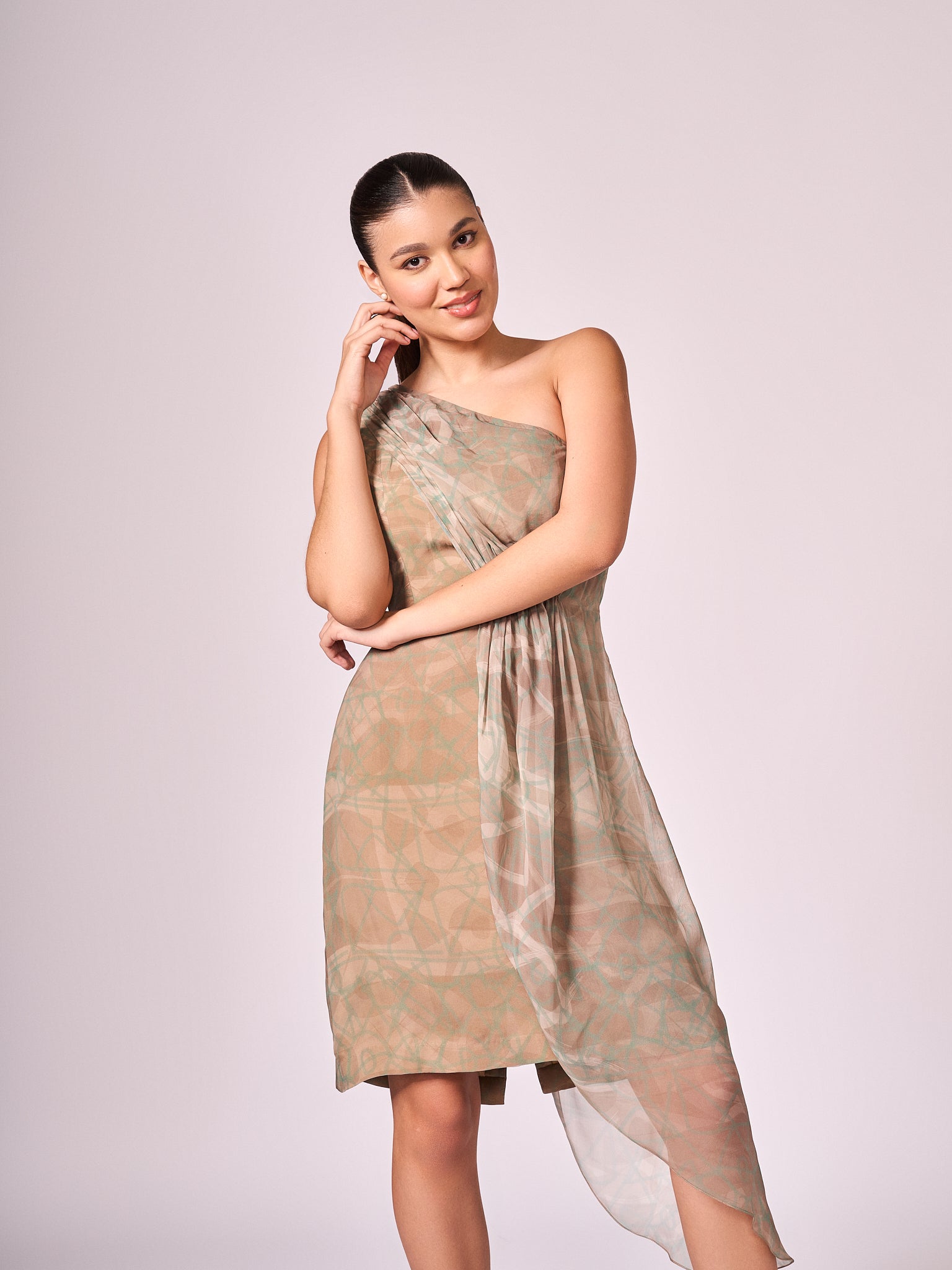 Pearl mouse grey abstract print layered dress