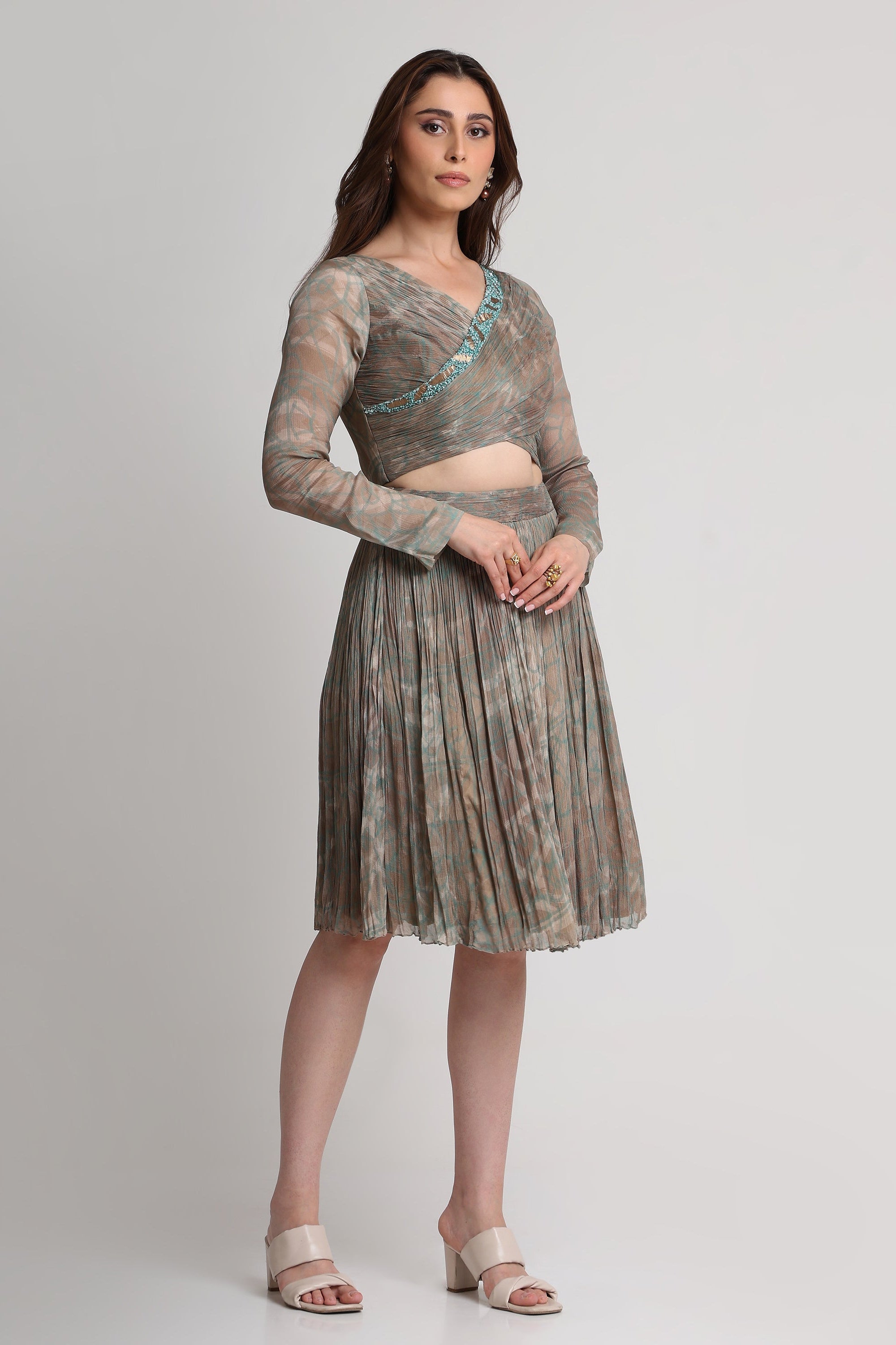 Pearl Mouse Grey Abstract print overlap crop top