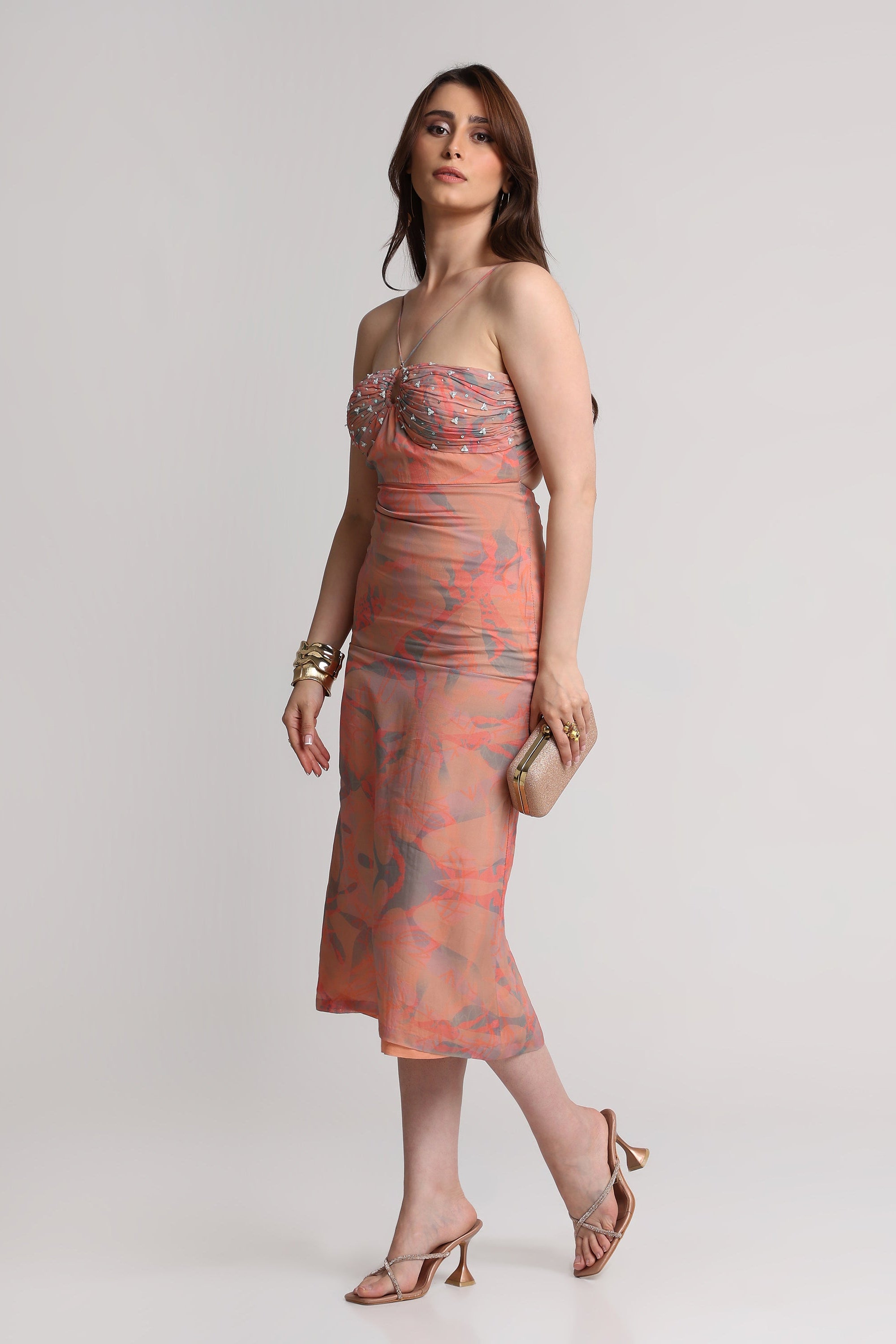 Peach abstract floral print noodle strap midi dress