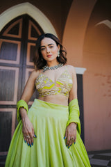 Lime green geometric print embroidered lehenga set