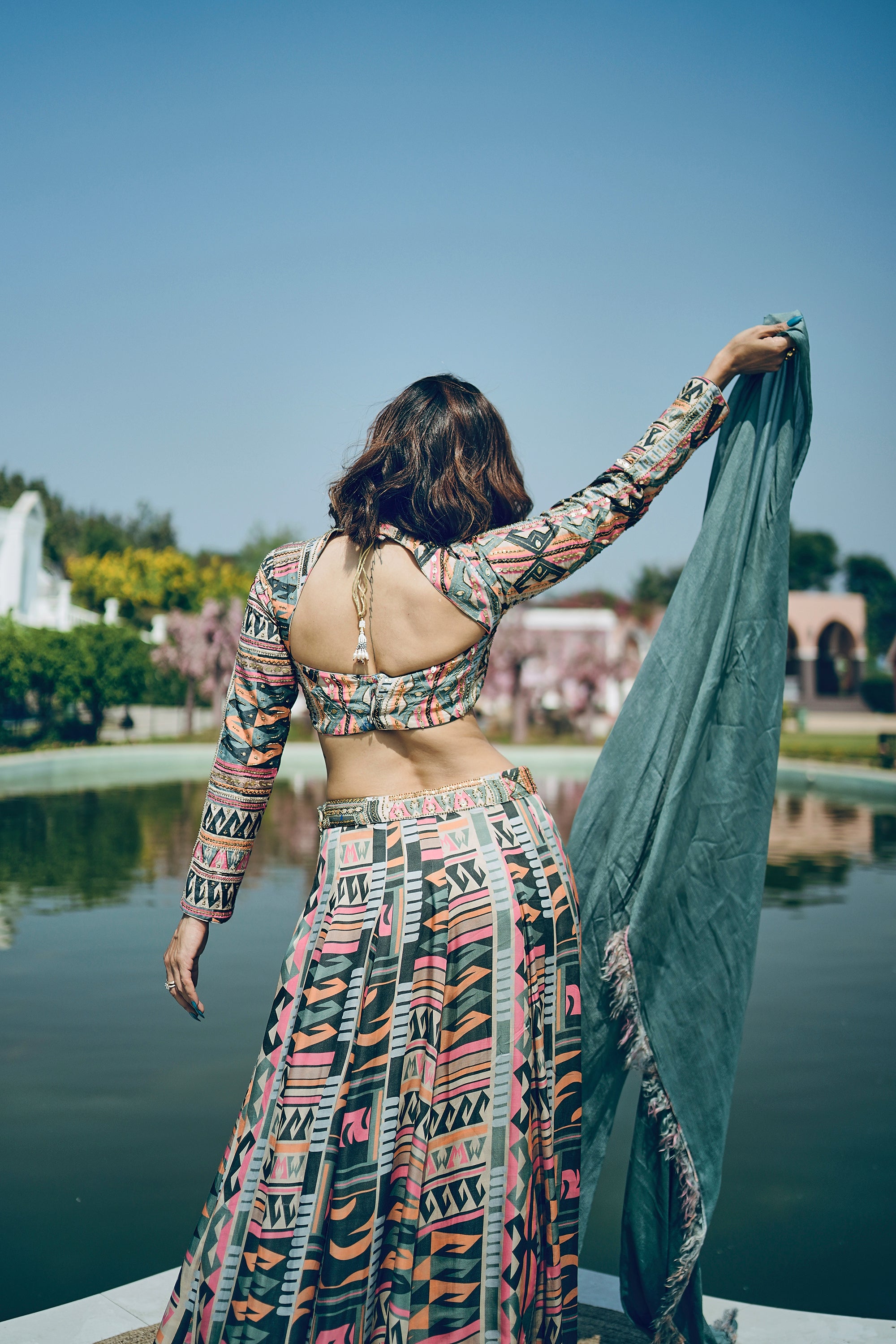 Multi coloured geometric print embroidered lehenga set