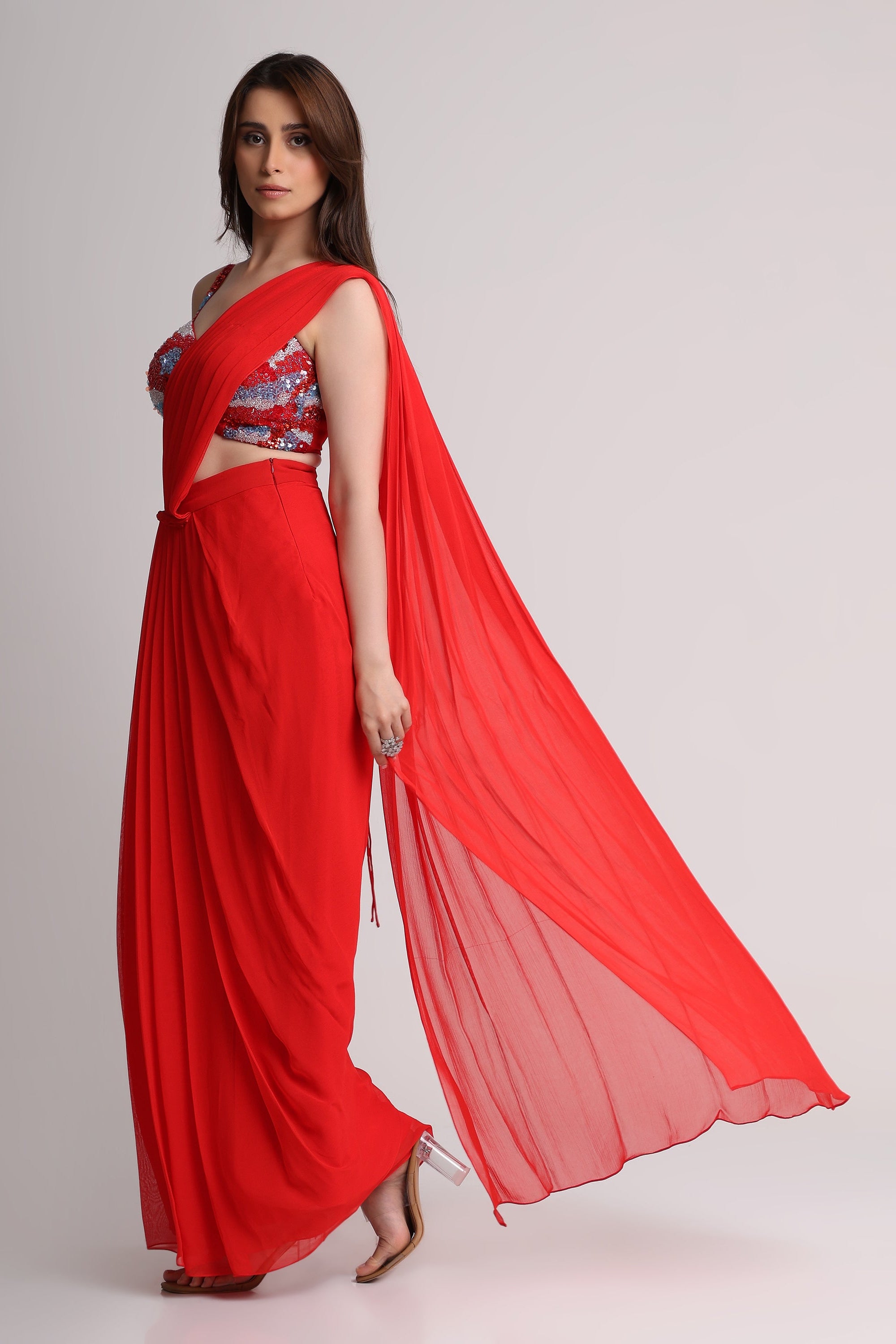 Red aura drape saree