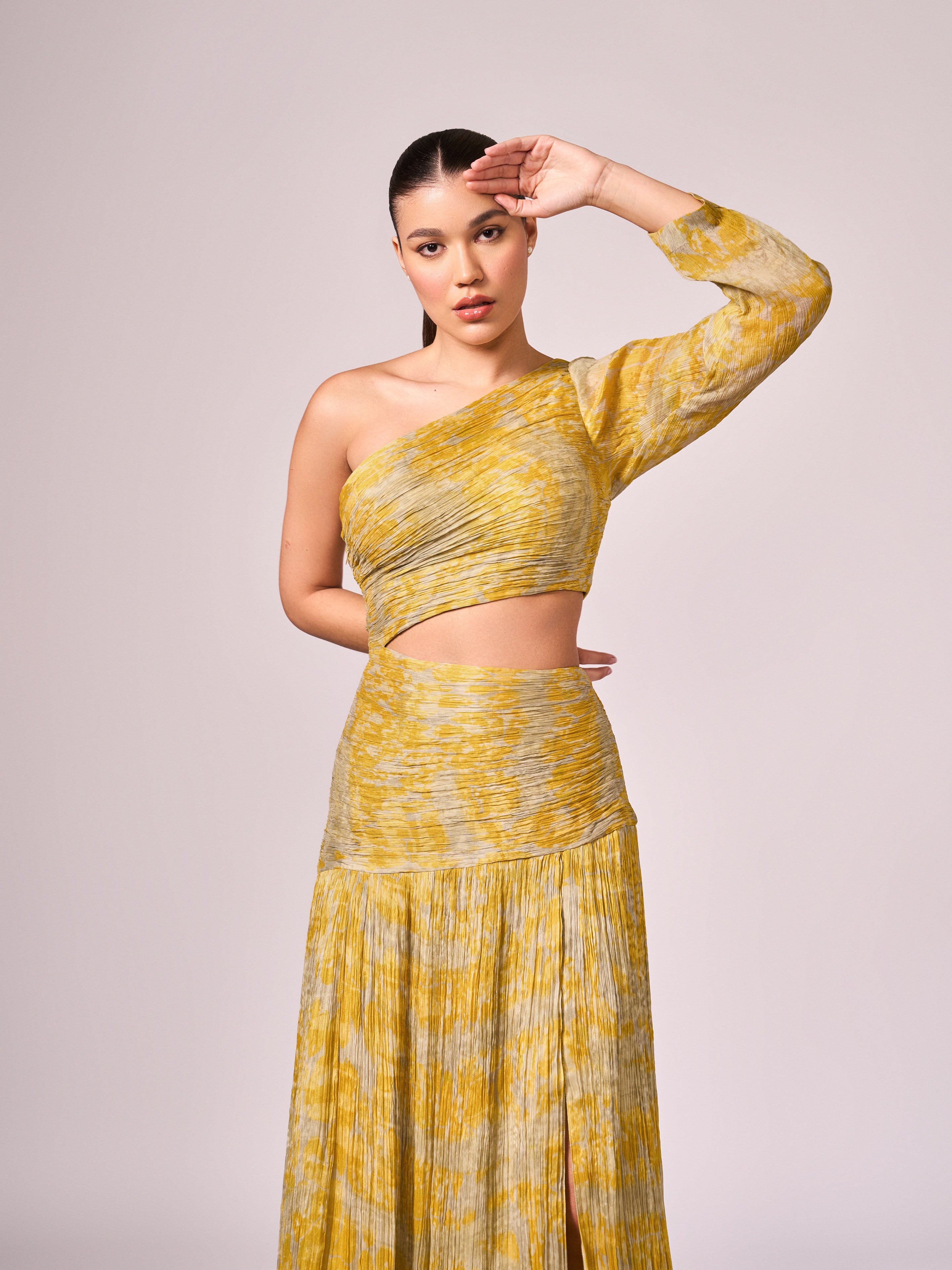 Yellow abstract print long slit dress