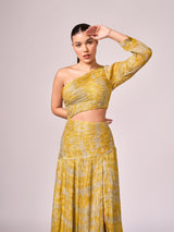 Yellow abstract print long slit dress
