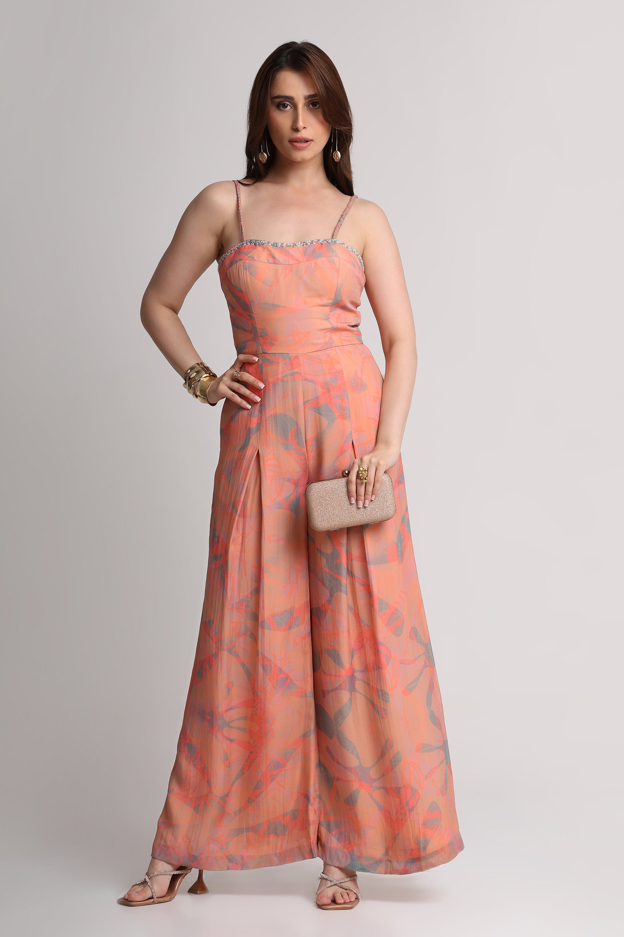 Peach abstract floral print jumpsuit