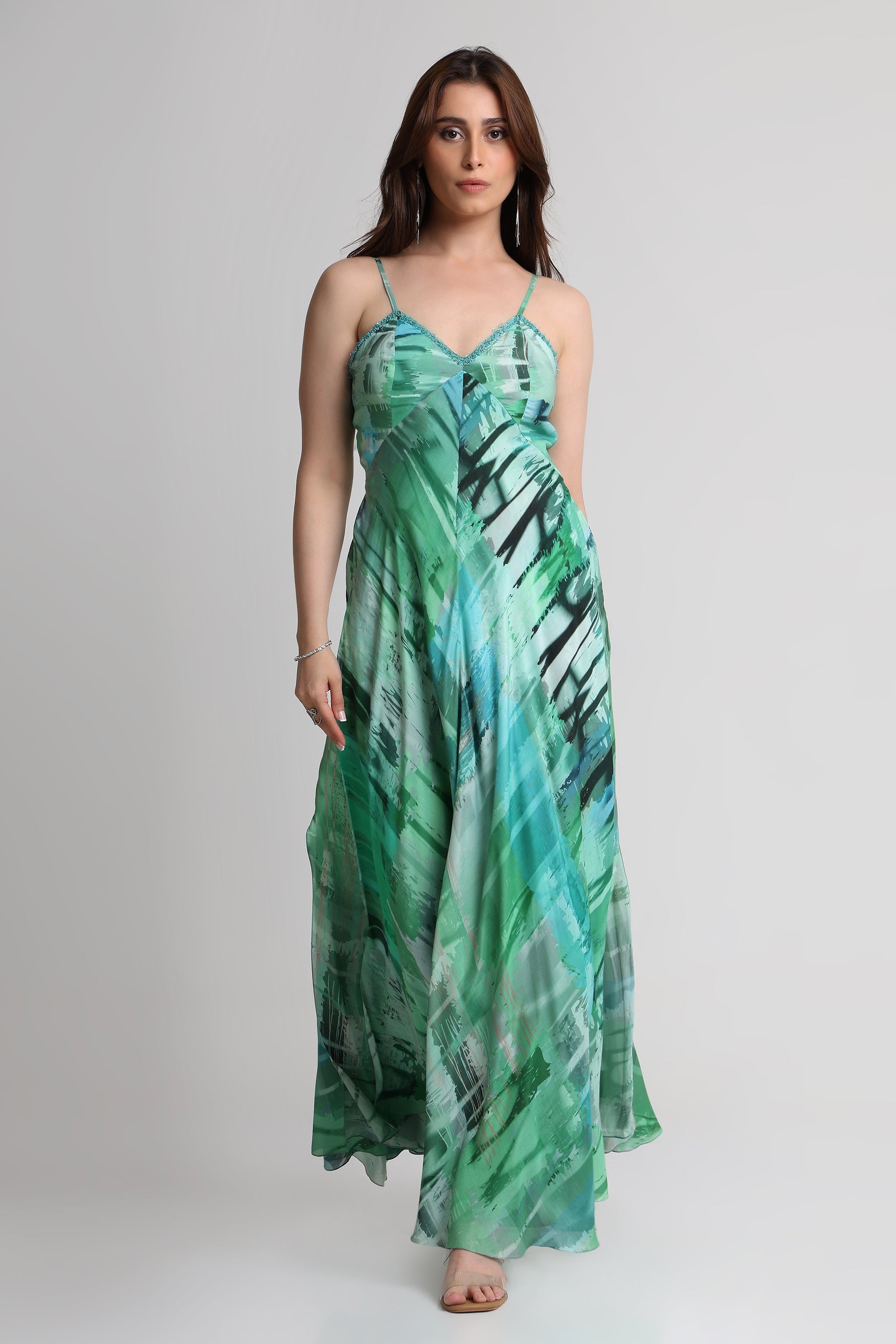 Green Geometric art print maxi dress