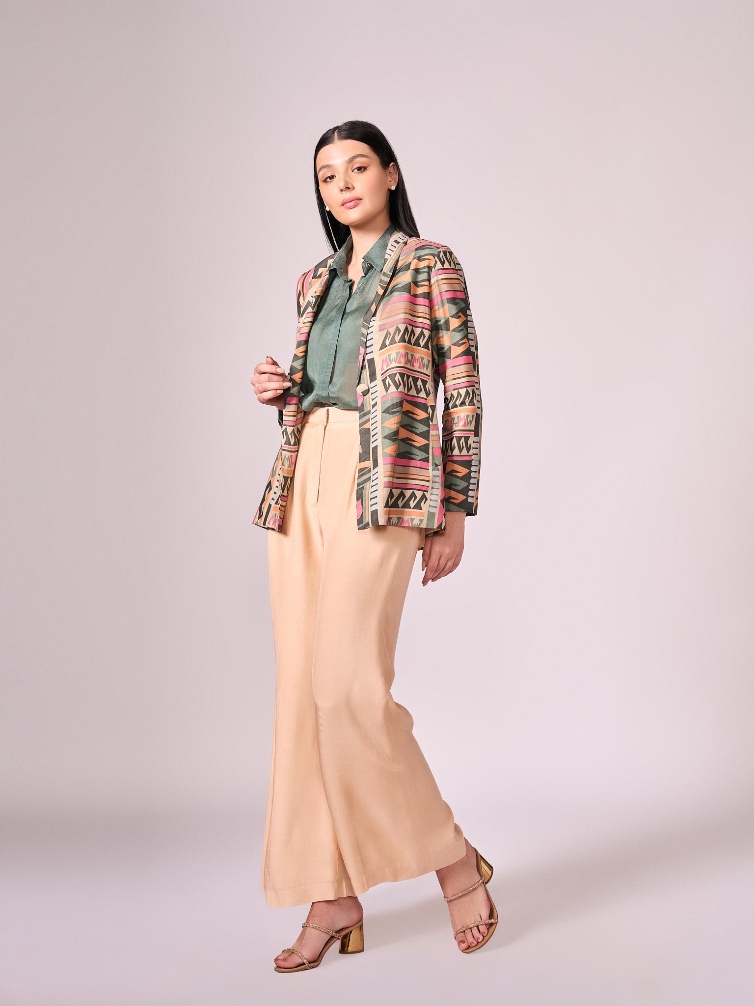 Multi coloured geometric print jacket, chalk green shirt and beige pant set