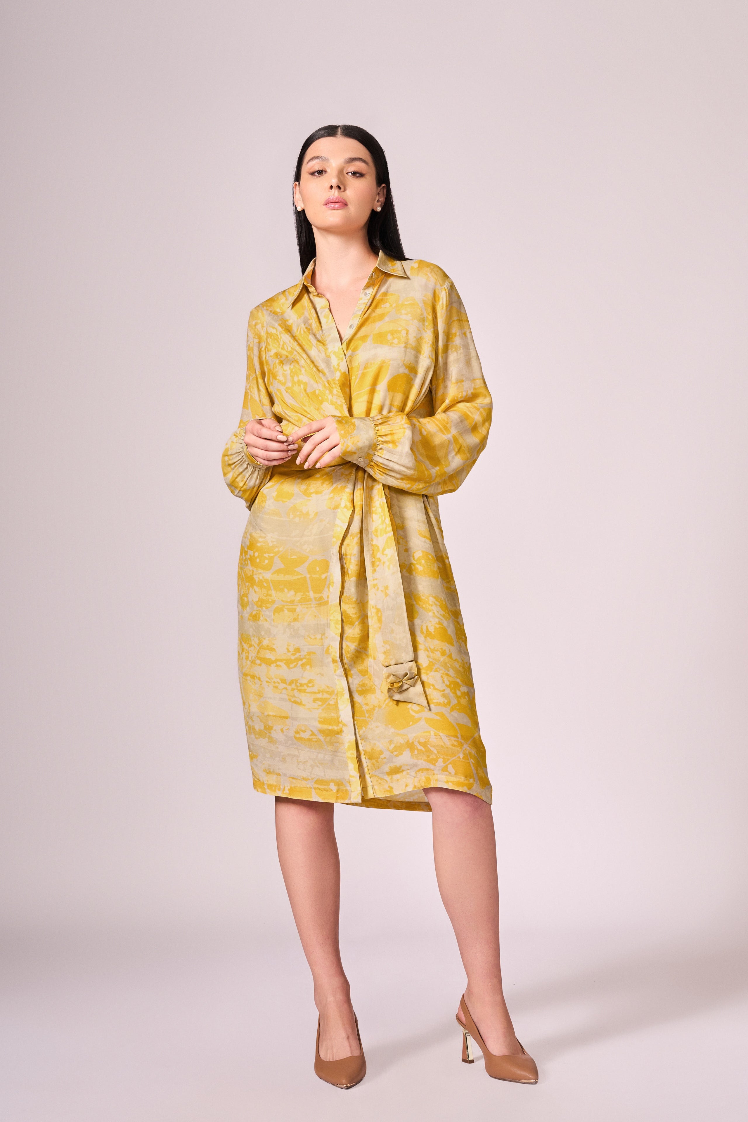 Grey yellow forest print shirt  dress