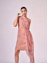 Peach abstract floral print layered  dress