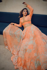 Apricot abstract floral print embroidered lehenga set