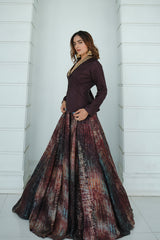 Maroon abstract floral print embroidered lehenga set